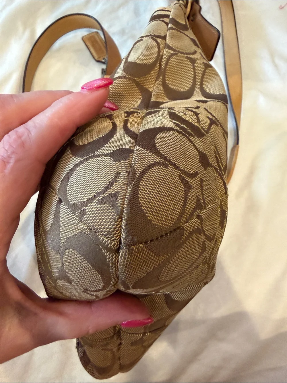 Coach Khaki/Brown Signature Canvas Shoulder Bag with Tan Trim